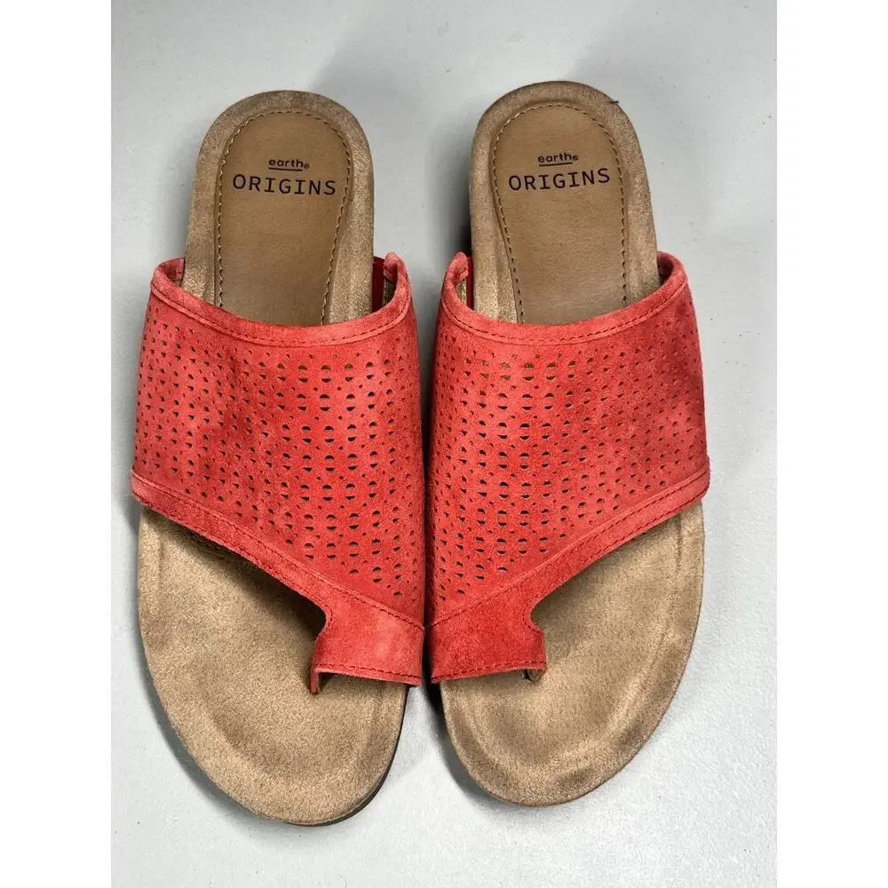 Earth Origins Pico Pearl Suede Wedge Sandals Womens 8 W Red Slip On Perforated - Picture 3 of 8